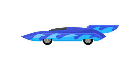Vintage sports automobile decorated with blue waves. Racing car with spoiler. Extreme auto sport. Flat vector design