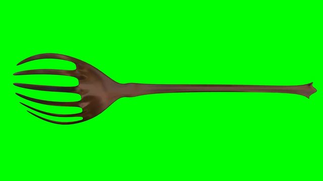 Animated rotating around x axis simple shining bronze serving fork against green background.. Full 360 degree spin, loop able and isolated.