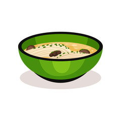 Green bowl of soup with noodle and mushrooms. Tasty dish. Asian food theme. Flat vector for restaurant or cafe menu