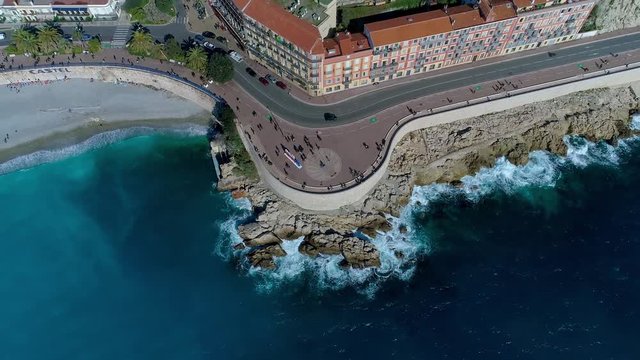 Aerial view of Nice France promenade, Mediterranean Sea and airport view . Full city panorame. Drone 4K video