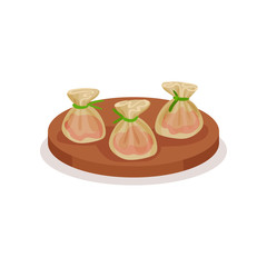 Appetizing shrimp dumplings of round wooden plate. Traditional Asian dish. Flat vector for cafe or restaurant menu