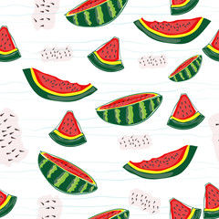 Seamless watermelons pattern. watermelon slices. Juicy ripe fruit on blue retro background. For art texture, web design, web background, fabric, wallpaper, apparel, wrapping, and textile.Vector EPS10