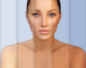 Beauty visual about suntan. Model's face divided in parts - tanned and natural.Different tones of...
