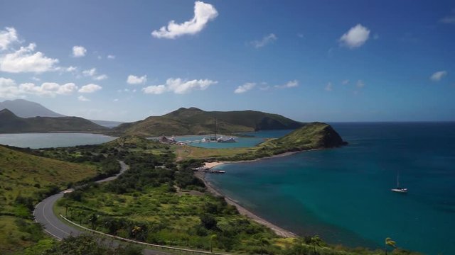 Landscape view of the Caribbean Sea and Atlantic Ocean looking south of St Kitts island from the top of Timothy Hill