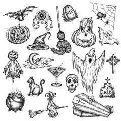 Halloween holiday cartoon horror set. Design of scary halloween ghost, witch, pumpkin, spooky witch