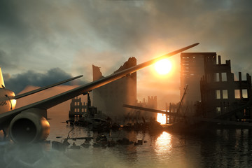 3D Illustration of a Ruins of a city. Apocalyptic landscape. apocalyptic sunset concept