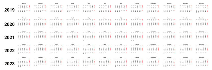 Kalender 2019, 2020, 2021,2022, einfaches Design, weißer Hintergrund, Sonntag rot markiert