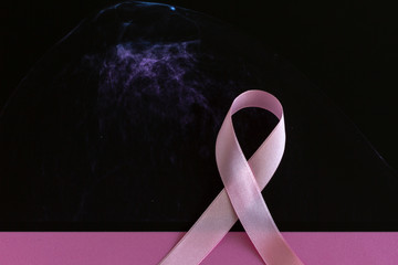 International symbol of Breast Cancer Awareness Month in October. Close up  Pink ribbon and a mammography on pink backgound. Woman Healthcare and World cancer day concept. Copy Space.