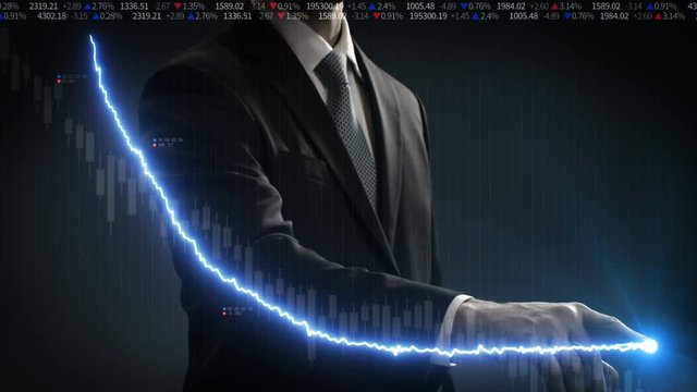 Businessman touched screen, various animated Stock Market charts and graphs. decrease line. 4k animation.