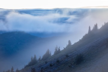 Foggy mountain view at dusk