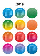 Simple color calendar for the year 2019. The names of days and months in a row numbered days in the colored circles on a white background 