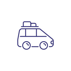 Car with luggage on roof line icon. Vehicle, suitcase, road. Adventure concept. Vector illustration can be used for topics like moving house, transportation, trip