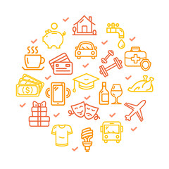 Monthly Expenses Signs Round Design Template Thin Line Icon Concept. Vector