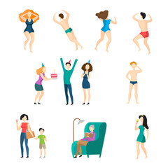 Fototapeta premium People icon set. Swimming, celebrating birthday, walking, reading, eating ice cream. Lifestyle concept. Vector illustration can be used for topics like activity, leisure, wellbeing