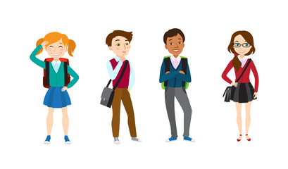 School children icon set. Set of vector illustrations on white background. Students, friends, teenagers. School concept. Vector illustration can be used for topics like education, childhood, fashion