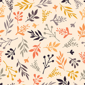 Fall leaf seamless vector background. Orange, gold, purple, gray leaves on a beige autumn background. Abstract nature pattern. Simple Doodle leaf print. Thanksgiving, Seasonal, November, fabric, card