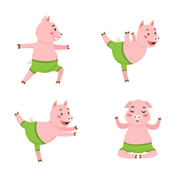 Pig doing exercises icon set. Fitness, training, stretching. Yoga concept. Vector illustration can be used for topics like sport, healthy lifestyle, wellbeing