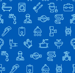 Plumbing Signs Seamless Pattern Background on a Blue. Vector