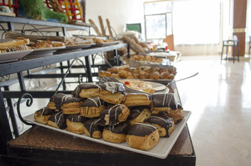 brioches, pies on a buffet for breakfast