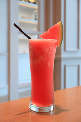 Beautiful Color of Flesh Watermelon Smoothie in Transparent Glass, Thailand