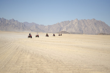a group of people on quad bikes in the desert