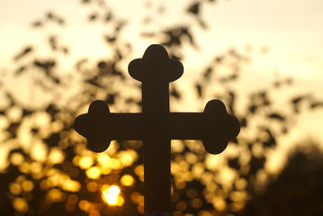 Christian Cross Silhouette On Sunset Background