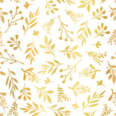 Seamless vector background with abstract gold foil leaves on white. Simple golden leaf texture, endless foliage pattern. Paper, pattern fills, web banner, party, cards, wedding, celebration, invite