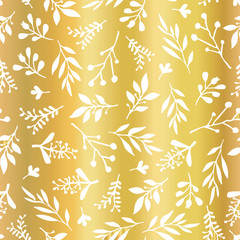 Gold foil leaves Seamless vector background. Simple abstract white leaf texture on golden backdrop, endless foliage pattern. Paper, pattern fill, web banner, party, cards, wedding, celebration, invite