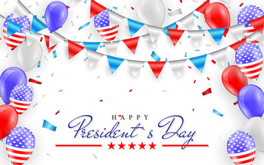 Obraz premium Happy President Day. Hanging Bunting Flags for American Holidays card design. American flag balloons with confetti background. Vector illustration