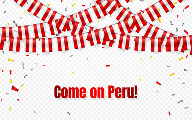 Peru flags garland on transparent background with confetti. Hang bunting for Peru independence Day celebration template banner, Vector illustration