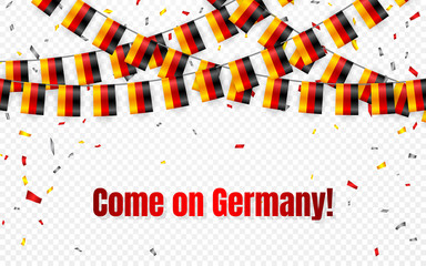 Germany flags garland on transparent background with confetti. Hang bunting for German independence Day celebration template banner, Vector illustration