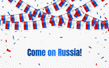Obraz premium Russia flags garland on transparent background with confetti. Hang bunting for Russian independence Day celebration template banner, Vector illustration