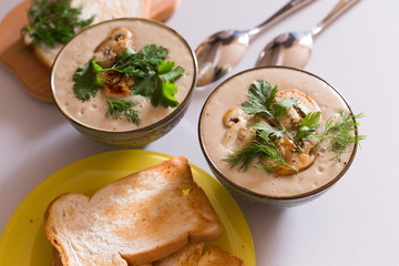 Food. Cream soup with сhampignon, greens, toasts