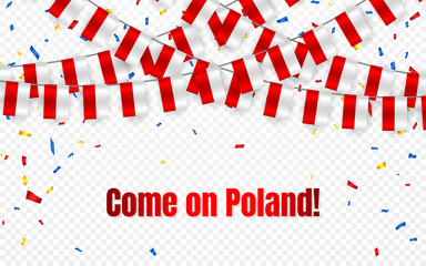 Poland garland flag with confetti on transparent background, Hang bunting for celebration template banner, Vector illustration