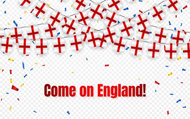 England garland flag with confetti on transparent background, Hang bunting for celebration template banner, Vector illustration