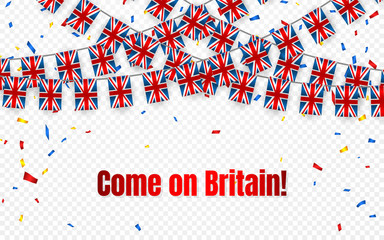 Obraz premium Britain garland flag with confetti on transparent background, Hang bunting for celebration template banner, Vector illustration