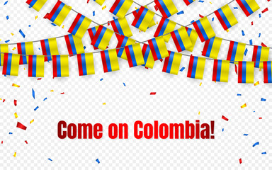 Fototapeta na wymiar Colombia garland flag with confetti on transparent background, Hang bunting for celebration template banner, Vector illustration