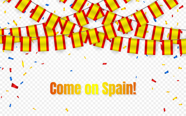 Spain garland flag with confetti on transparent background, Hang bunting for celebration template banner, Vector illustration