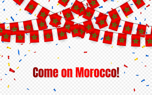 Morocco garland flag with confetti on transparent background, Hang bunting for celebration template banner, Vector illustration