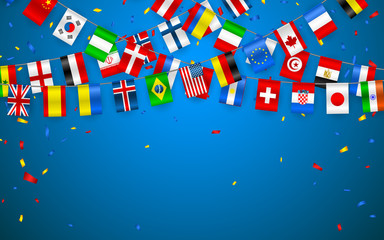 Colorful flags garland of different countries of the europe and world with confetti. Festive garlands of the international pennant. Bunting wreaths. Vector banner for celebration party, conference