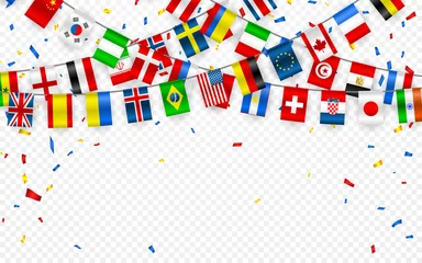 Fotobehang Colorful flags garland of different countries of the europe and world with confetti. Festive garlands of the international pennant. Bunting wreaths. Vector banner for celebration party, conference © Oleh