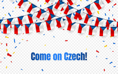 Obraz premium Czech garland flag with confetti on transparent background, Hang bunting for celebration template banner, Vector illustration