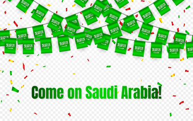 Saudi Arabia garland flag with confetti on transparent background, Hang bunting for celebration template banner, Vector illustration