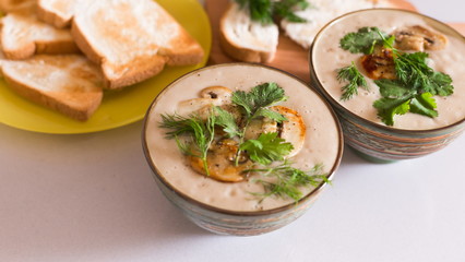 Food. Cream soup with сhampignon, greens, toasts