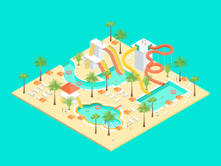Territory of Water Park Concept 3d Isometric View. Vector