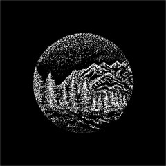 Black and white illustration of mountains inscribed in a circle, trees and the depth of the sky. Chalk on a blackboard