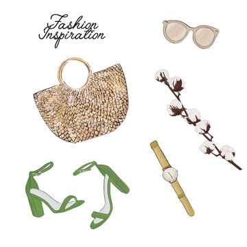 Simple Accessories Flatlay: Bag, Sunglasses, Shoes, Plant Vector Sketch. Glamour Fashionable Magazine Illustration. Trendy Wicker Beach, City Purse With Other Decoration Elements. Women Objects.