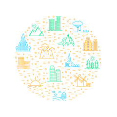 Urban Scenery Thin Line Round Design Template. Vector
