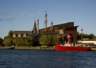 Boats, museums and landmarks on Djurgården island in Stockholm