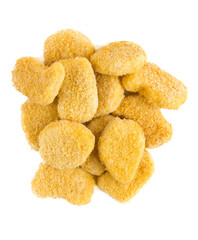Frozen nuggets on a white background. Several chicken nuggets in breading close-up on a white background.